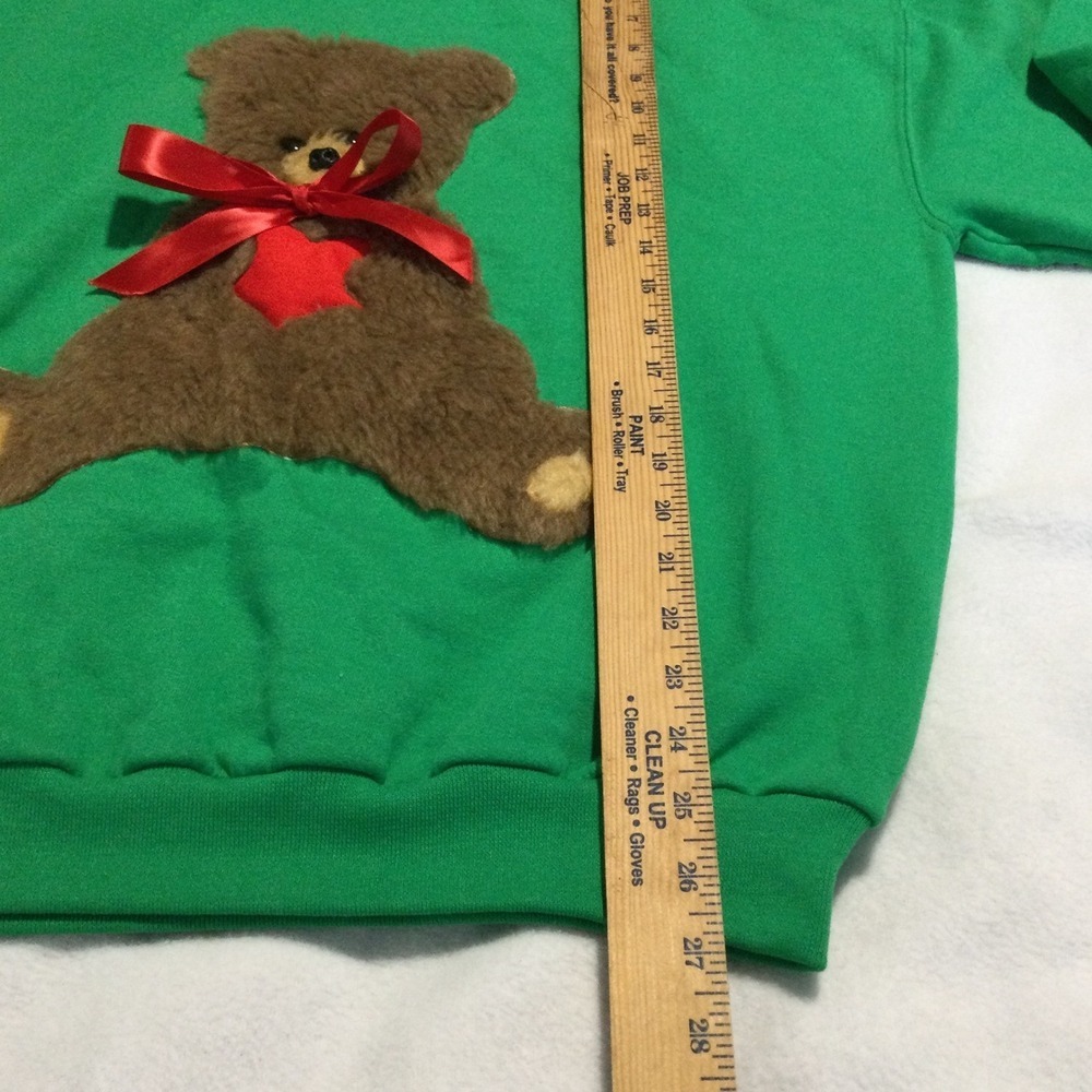 Vintage Jerzees Teddy Bear Crewneck Sweatshirt Green Fuzzy Applique 3D size L - Picture 4 of 7